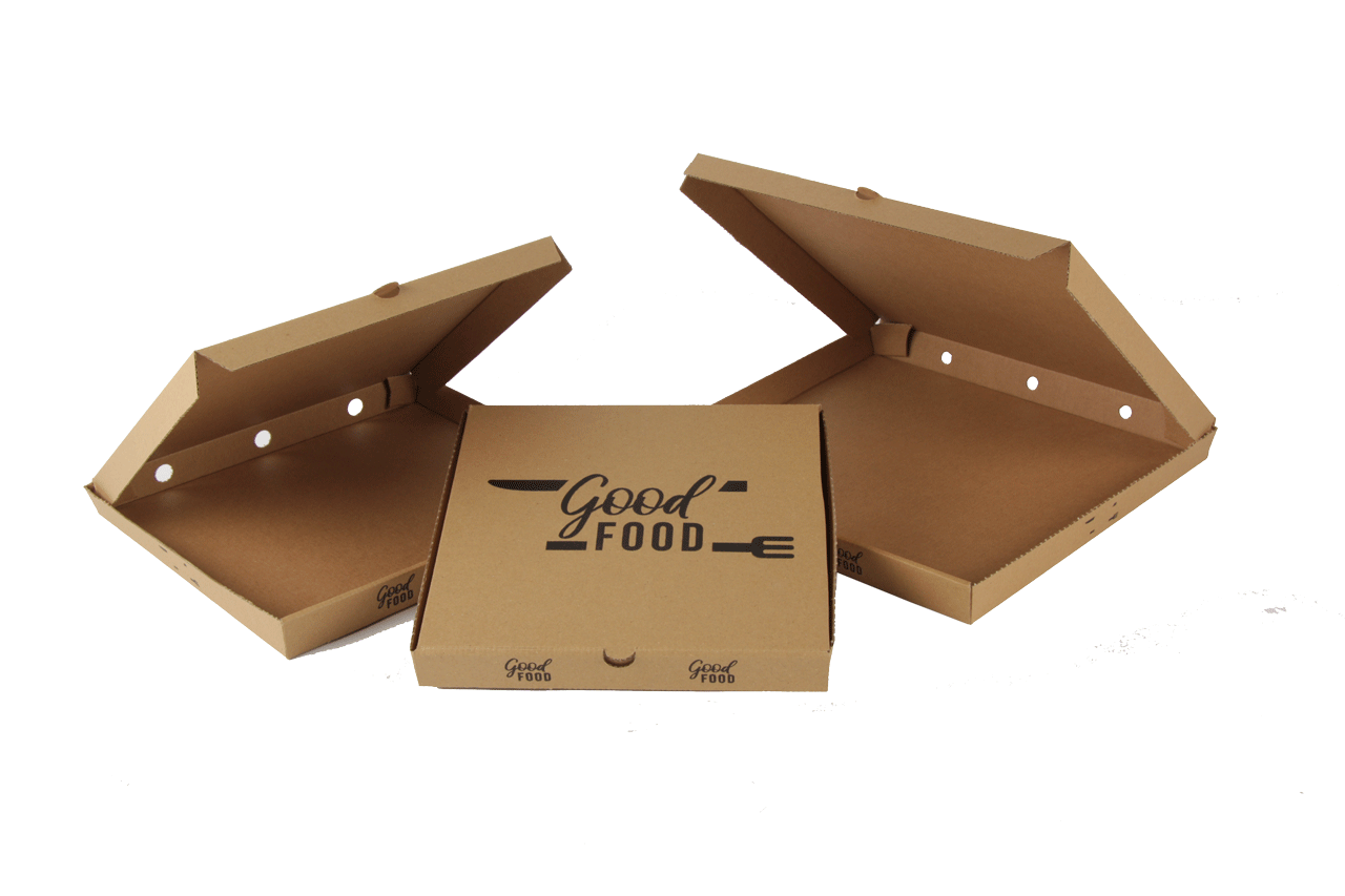 Pizzadozen bruin met opdruk good food diverse formaten