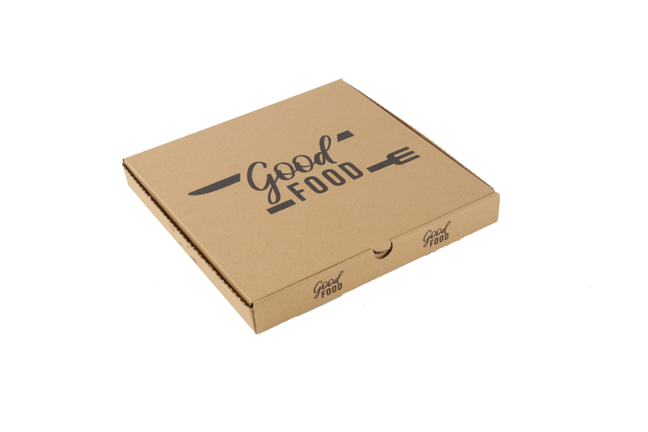Pizzadozen bruin met opdruk good food formaat 260x260x30